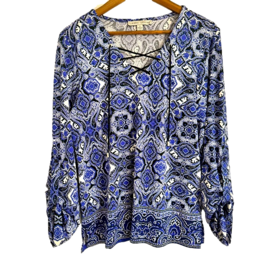 Larry Levine Women’s Medium Blue Paisley Roll Tab Sleeves Blouse